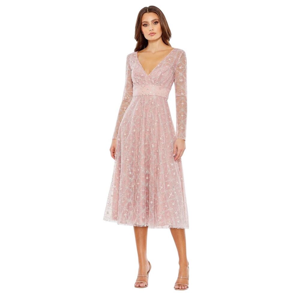 Mac Duggal 68003 Pink Rose Beaded Long Sleeve V-Neck Midi Dress Size 8 $498